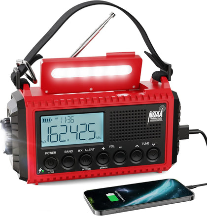 Emergency Radio, 5000mAh/18500mWh Weather Radio, Solar Hand Crank Emergency Radio with AM/FM/SW/NOAA, Cell Phone