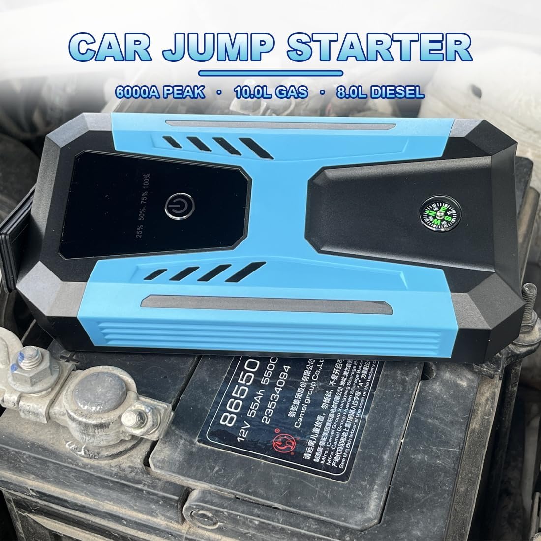 12v Jump Starter for 10.0L Gas/8.0L Diesel, 6000A Peak Car Battery Jumper Starter Portable, IP66 Waterproof Jump Box