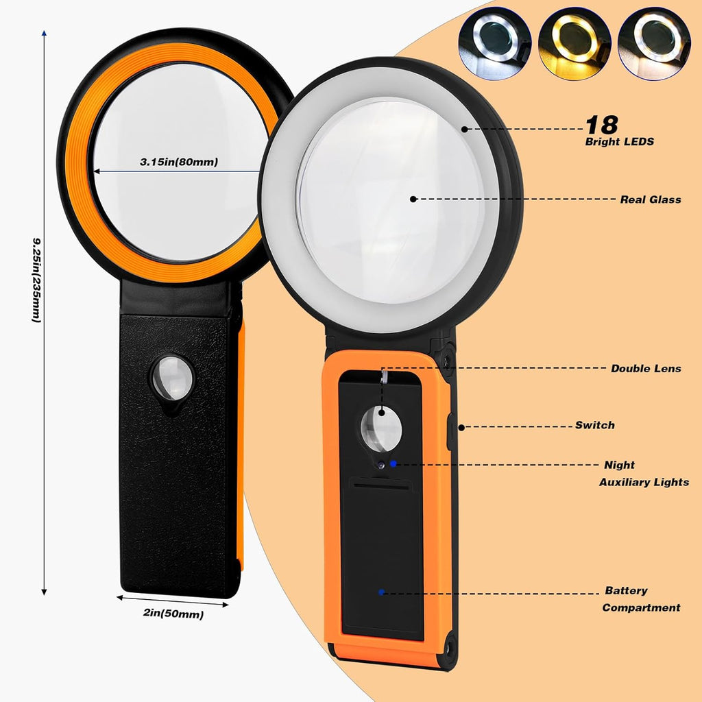 Magnifying Glass with Light and Stand, Foldable Handheld Magnifying Lenses 18 LED Illuminated Lighted Magnifier for