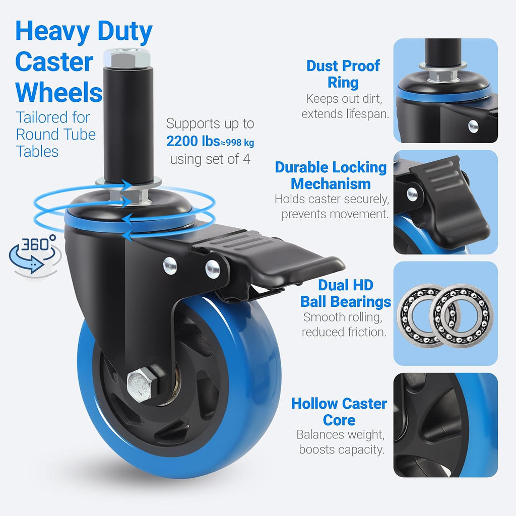 4 Inch Prep Table Cater Wheels Set of 4, Threaded Swivel Expanding Stem Casters with Brake Fit 7/8", 1", 1-1/2", or