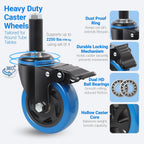 4 Inch Prep Table Cater Wheels Set of 4, Threaded Swivel Expanding Stem Casters with Brake Fit 7/8", 1", 1-1/2", or