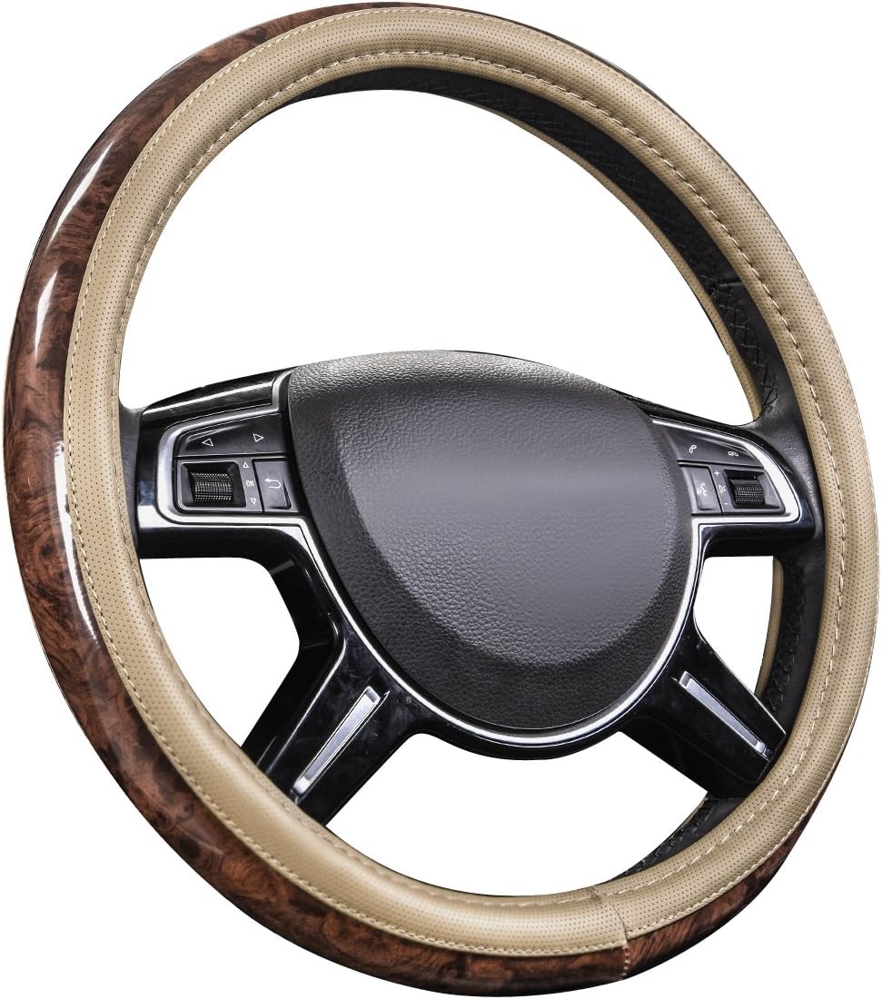 Wood Grain 14.5-15 inch Microfiber Leather Steering Wheel Cover, Anti-Slip Veins Design Steering Wheel Universal Fit