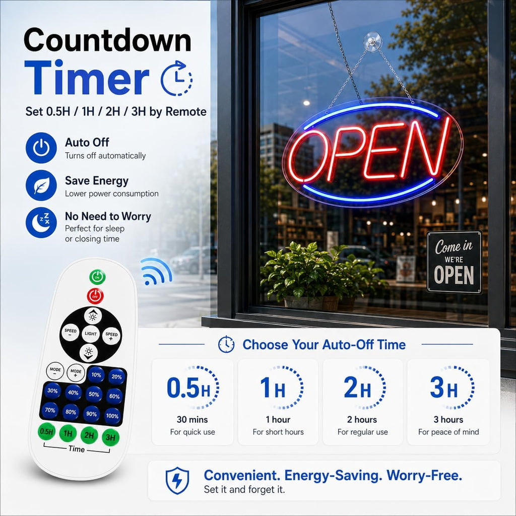 Open Sign for Business, 17" x 9" LED Neon Open Sign with Remote Control, Countdown Timer & 6 Lighting Modes Led Neon