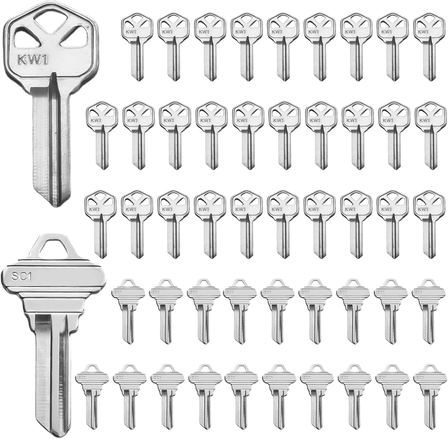 50 Key Blanks in Premium Brass – 30 KW1 & 20 SC1 Blank Keys Compatible with 5-Pin Locks