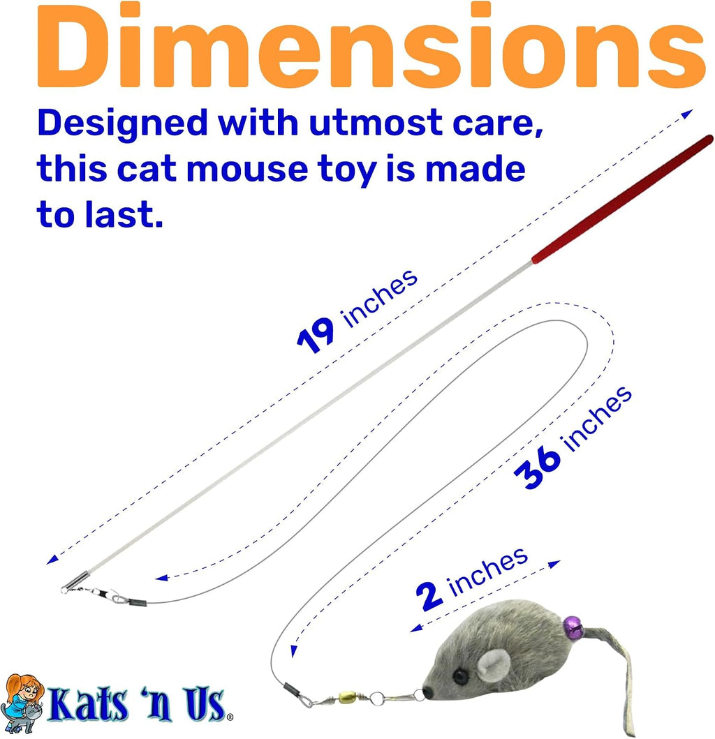 Kats’N US 2 Inch Real Rabbit Fur Handmade Mouse Cat Toy with 19 Inch White Wand - Gray Teaser with Bell, Durable