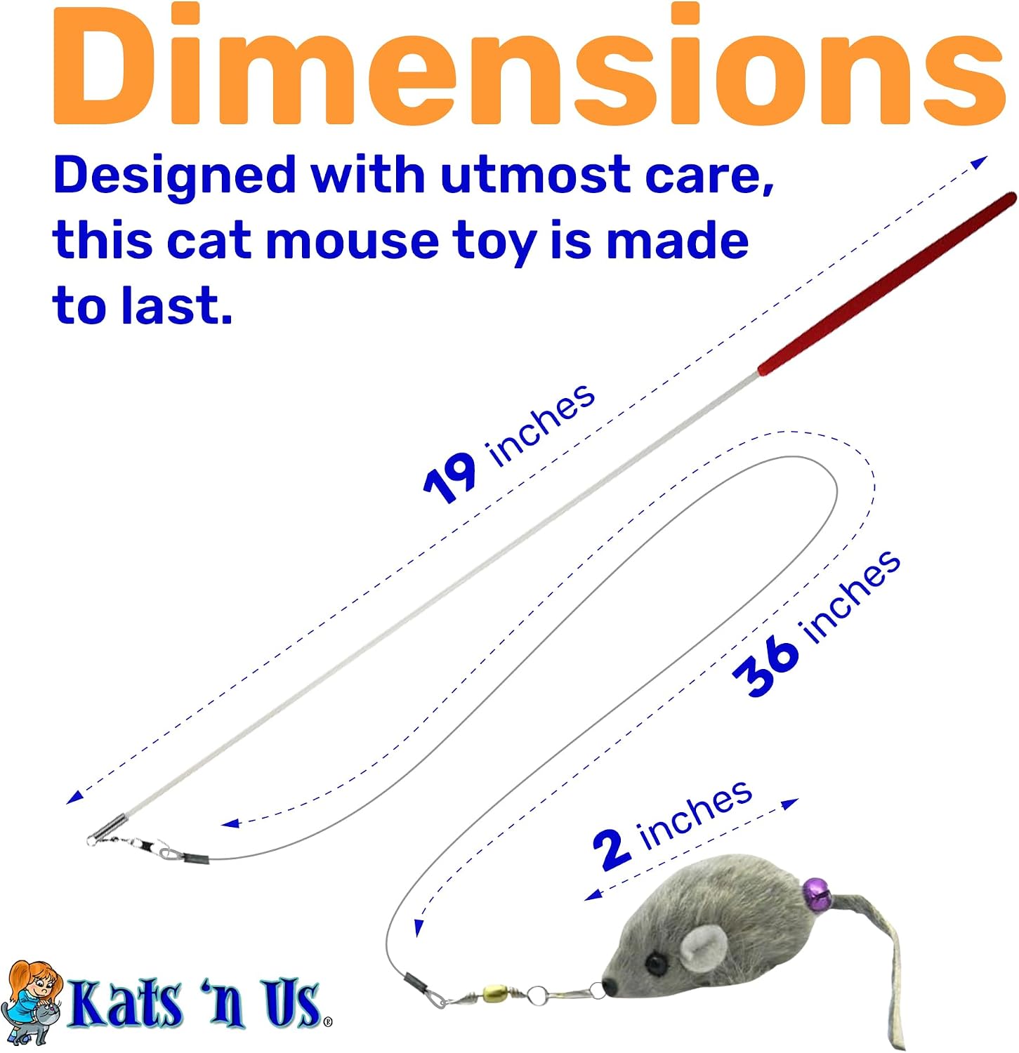 Kats’N US 2 Inch Real Rabbit Fur Handmade Mouse Cat Toy with 19 Inch White Wand - Gray Teaser with Bell, Durable