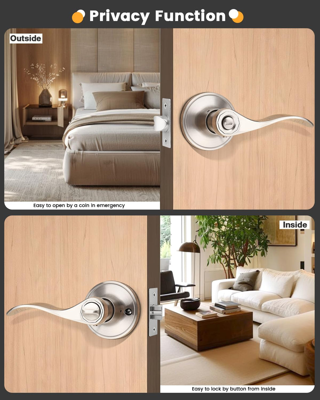6 Pack Privacy Locksets Interior Door Levers/Handles for Bedroom Bath, Wave Levers, Right Left Handed Door Knobs