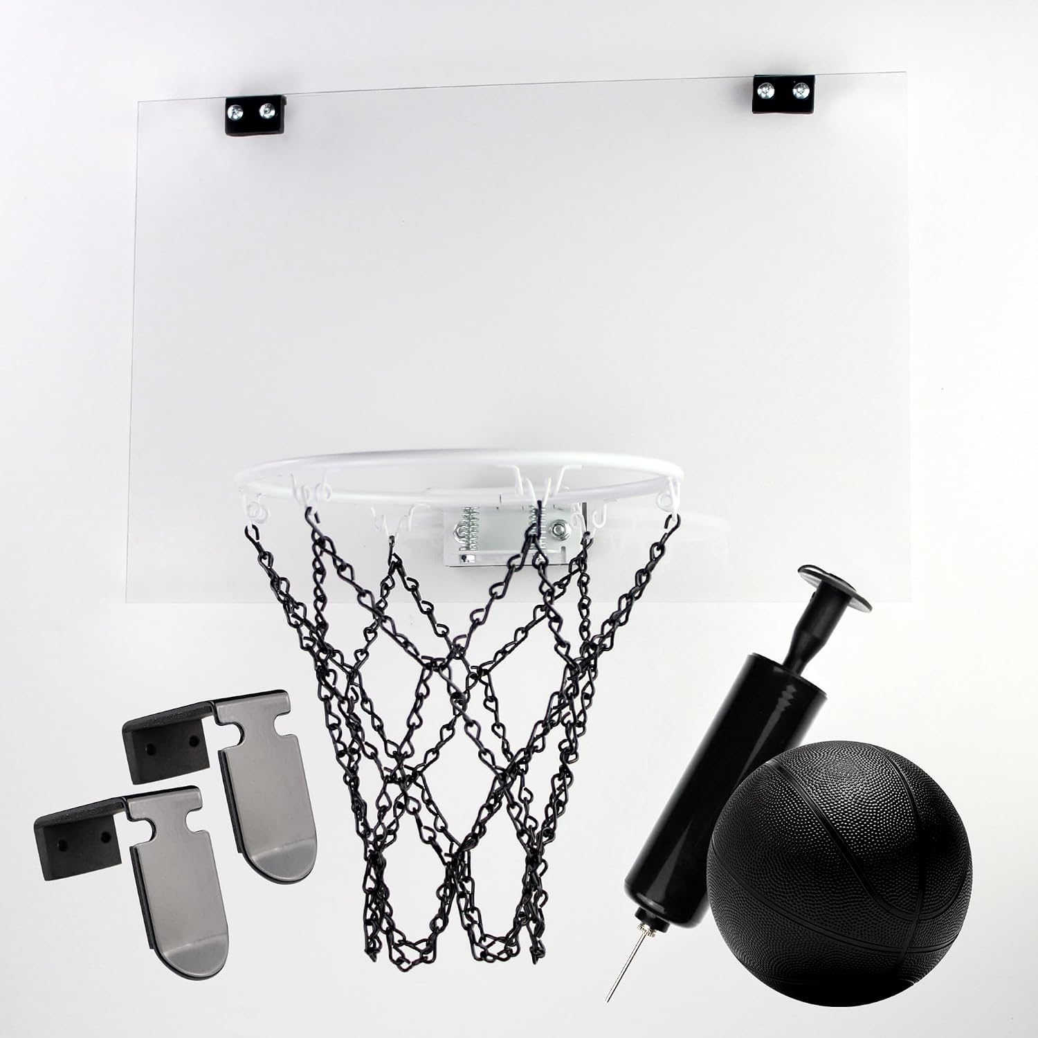 Clear Backboard MINI Basketball Hoop Set with White Rim and Metal Chain Net, Includes Door Hooks, Ball, Pump, 9-inch