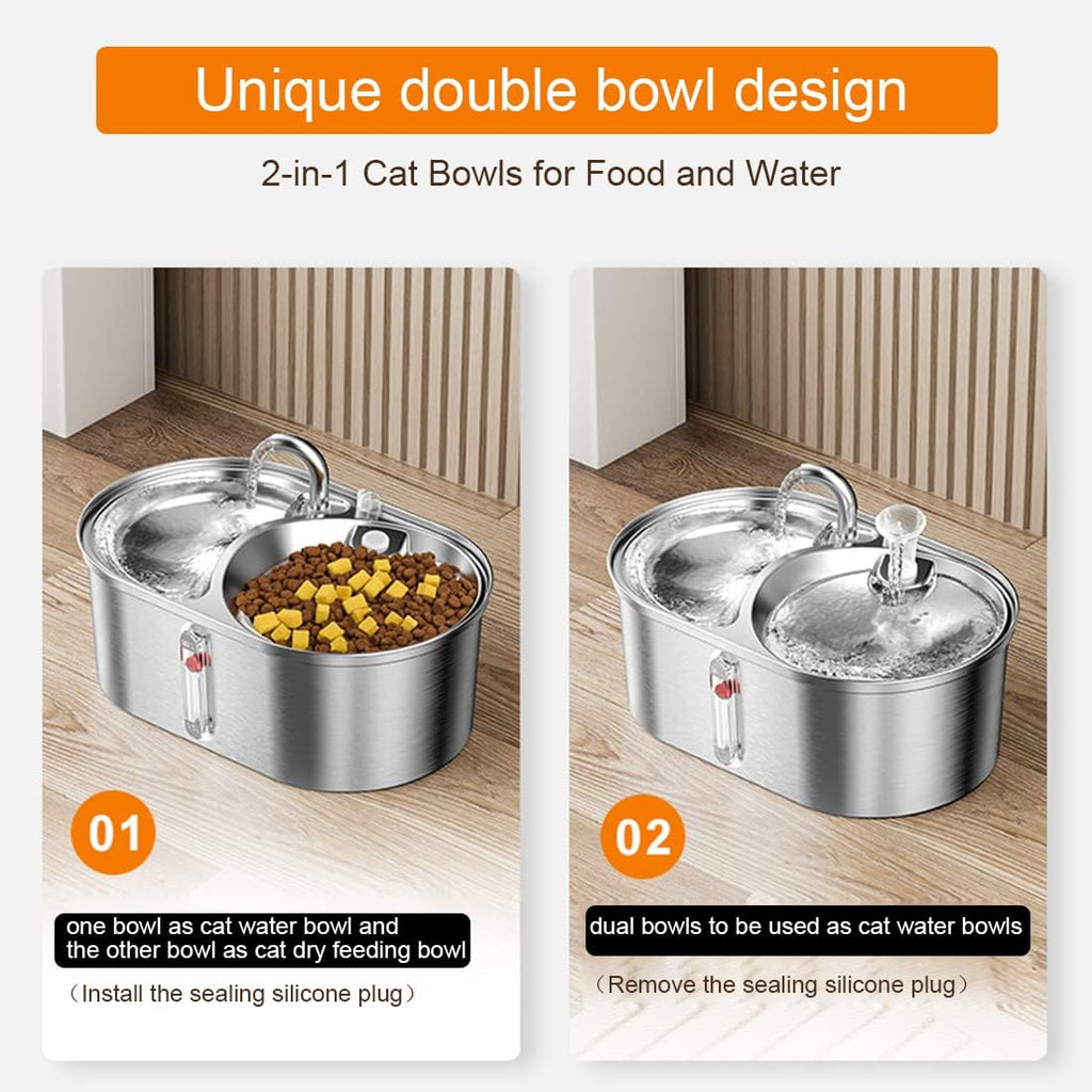 Dual Bowl Cat Water Fountain 3L/101oz,Stainless Steel Pet Drinking Fountain,2-in-1 Cat Bowls for