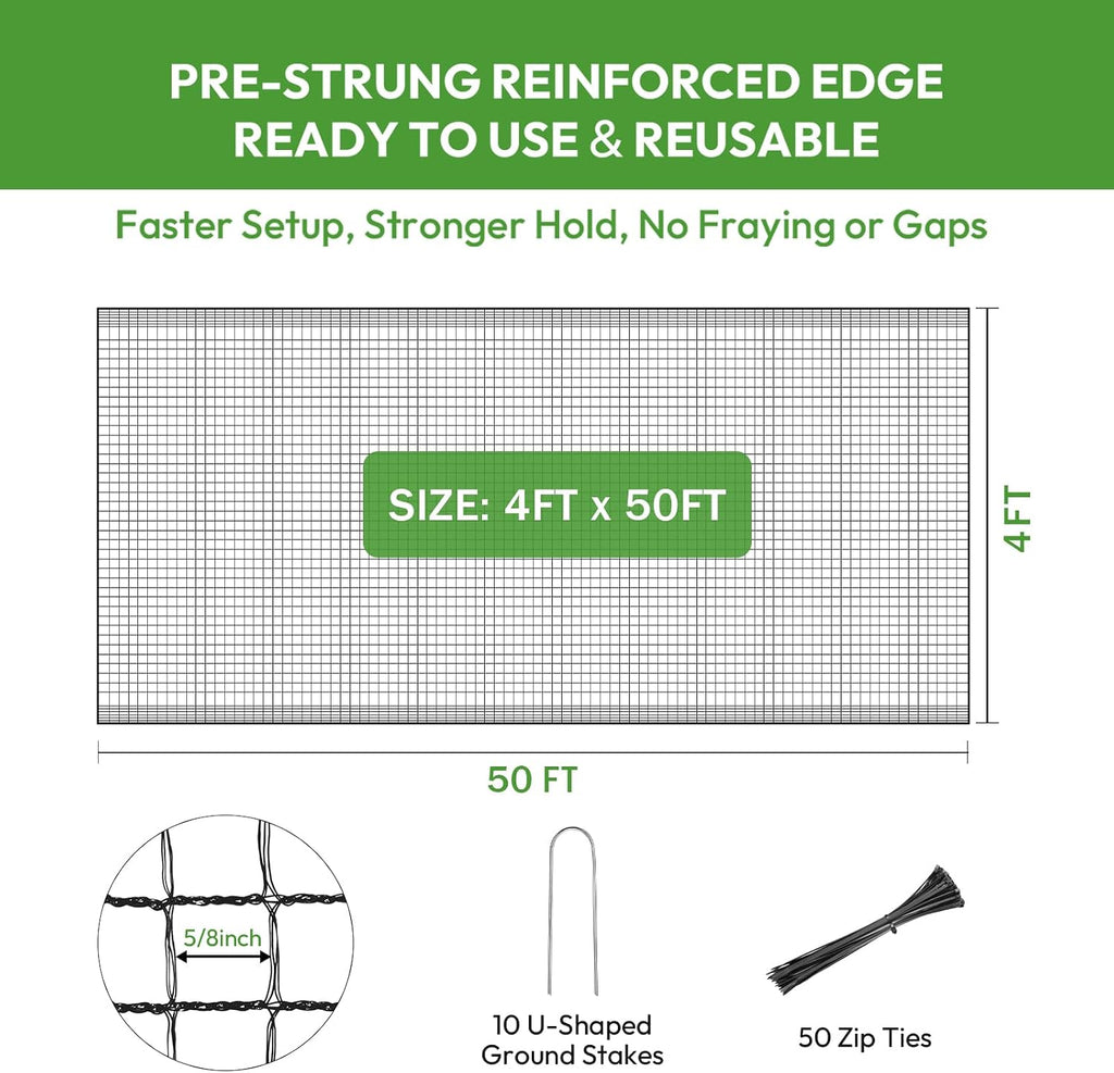 Deer Fence for Garden 4ftx50ft, Plastic Mesh Garden Fencing with Pre-Strung Reinforced Edge, Durable Temporary