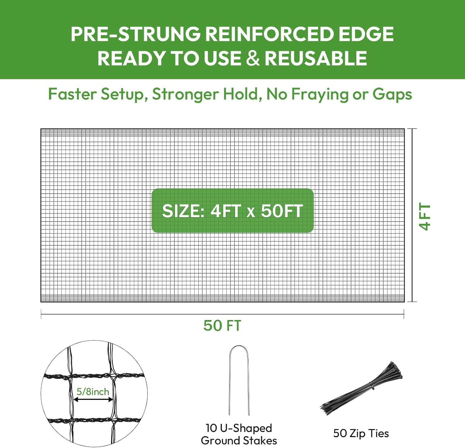 Deer Fence for Garden 4ftx50ft, Plastic Mesh Garden Fencing with Pre-Strung Reinforced Edge, Durable Temporary