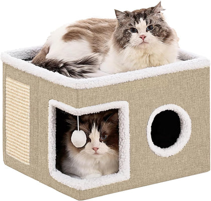 Cat Beds for Indoor Cats Houses, Large Cat Cave with Fluffy Ball and Scratch Pad, Foldable Cat House with Hideaway