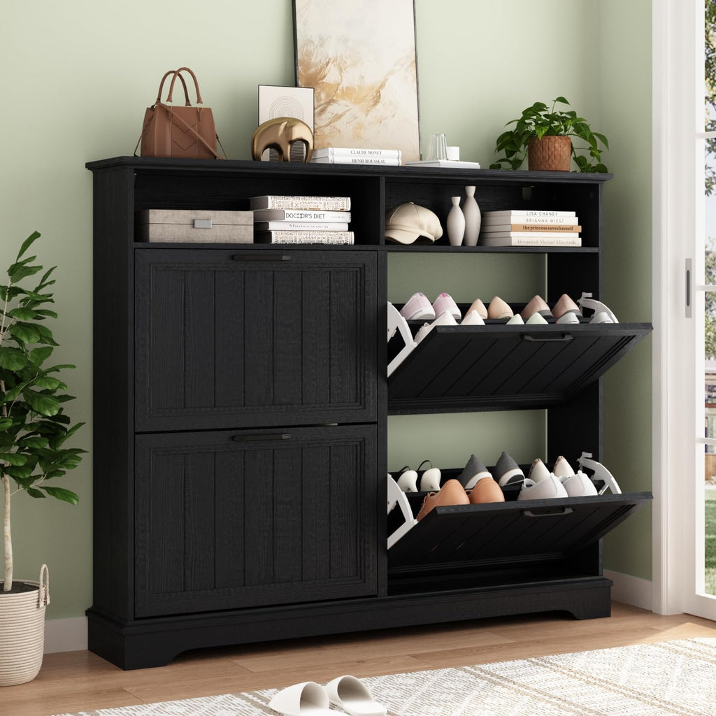Hidden Shoe Storage Cabinet with 4 Flip Drawers & Open Storage
