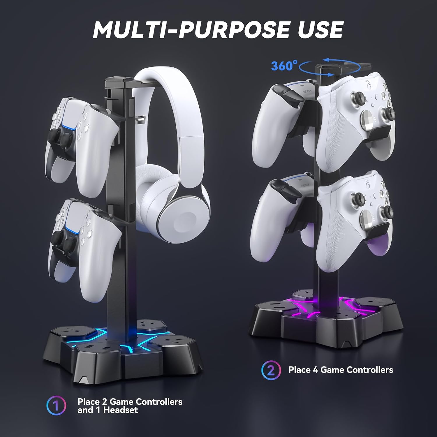 Headphone Stand with USB Charger, Controller Stand for Desk, Headphone Holder with 2 USB Charging Ports and 3 AC