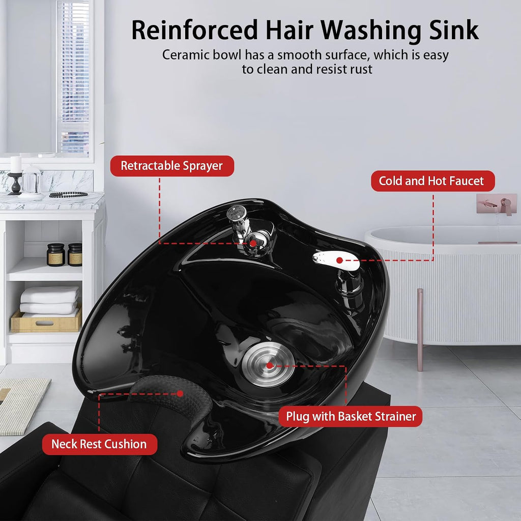 Salon Shampoo Backwash Chair Unit for Hairdressing | Large Ceramic Bowl, Adjustable Shampoo Bowl Sink, Barbershop