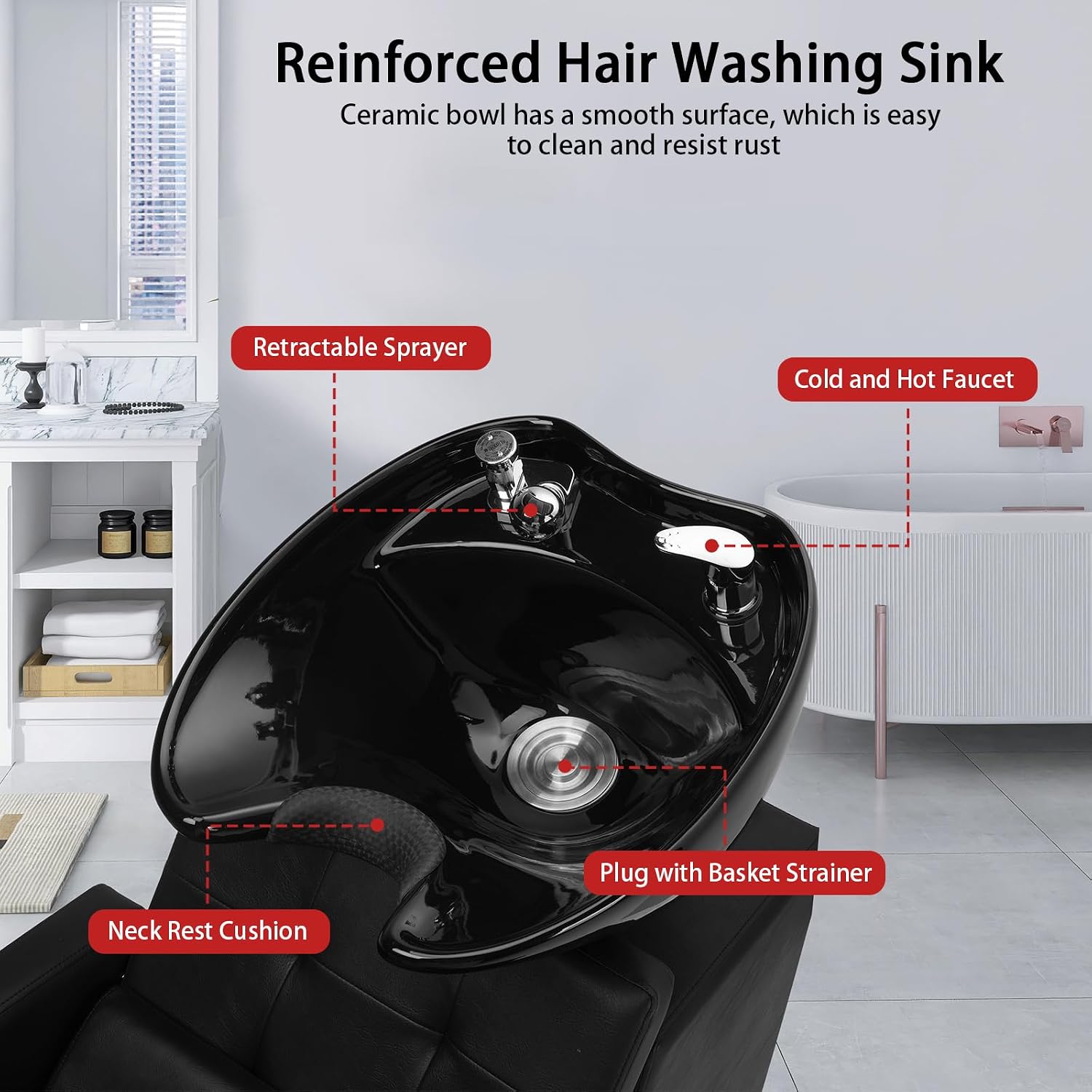 Salon Shampoo Backwash Chair Unit for Hairdressing | Large Ceramic Bowl, Adjustable Shampoo Bowl Sink, Barbershop