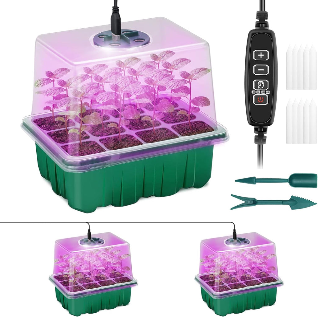 Seed Starter Tray with Plant Light, 2 Pack Grow Lights for Seed Starting Kit with Humidity Domes, Timing Controller