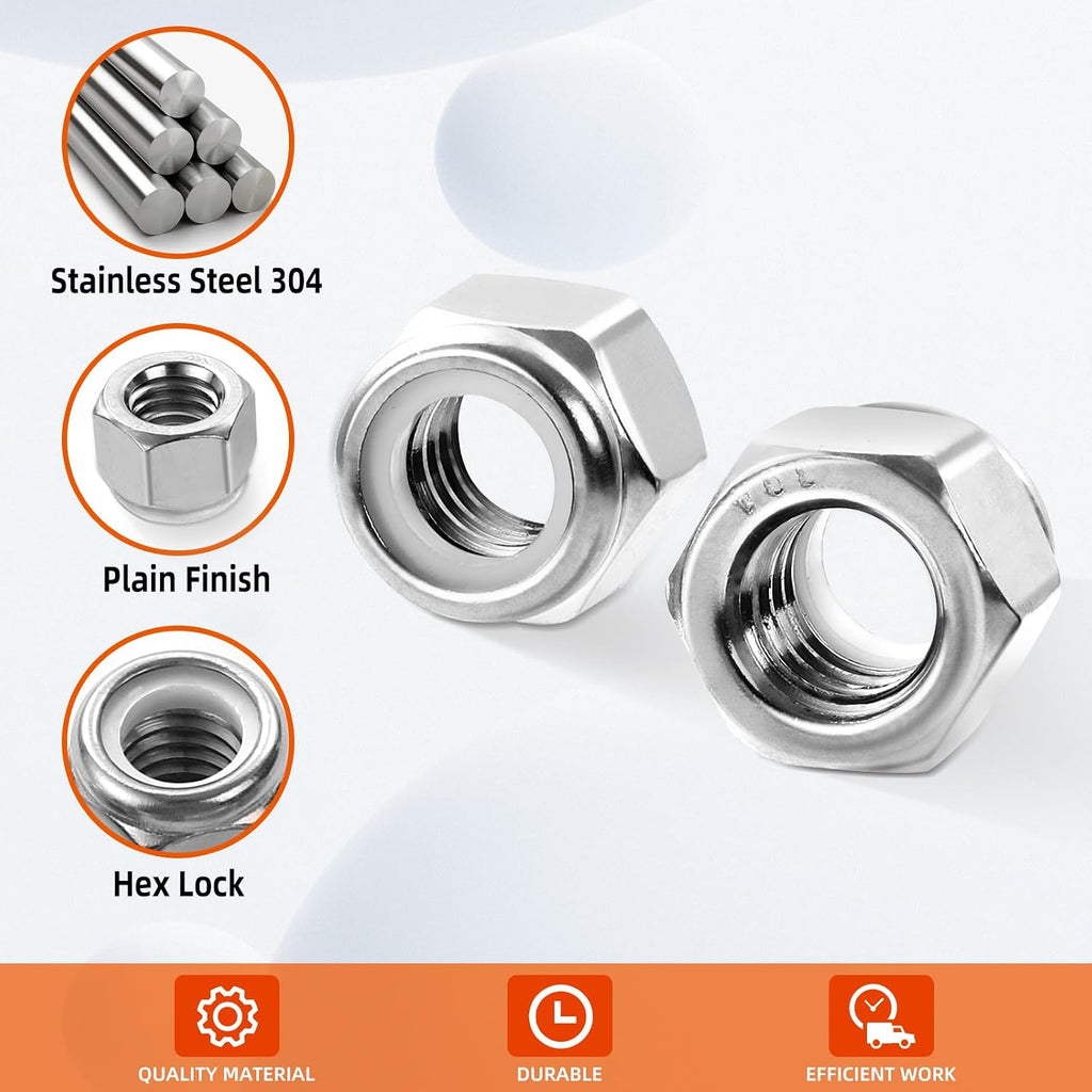 #10 24 Nylon Insert Hex Lock Nuts Locknuts, 304 Stainless Steel 18-8, Bright Finish, 100 PCS