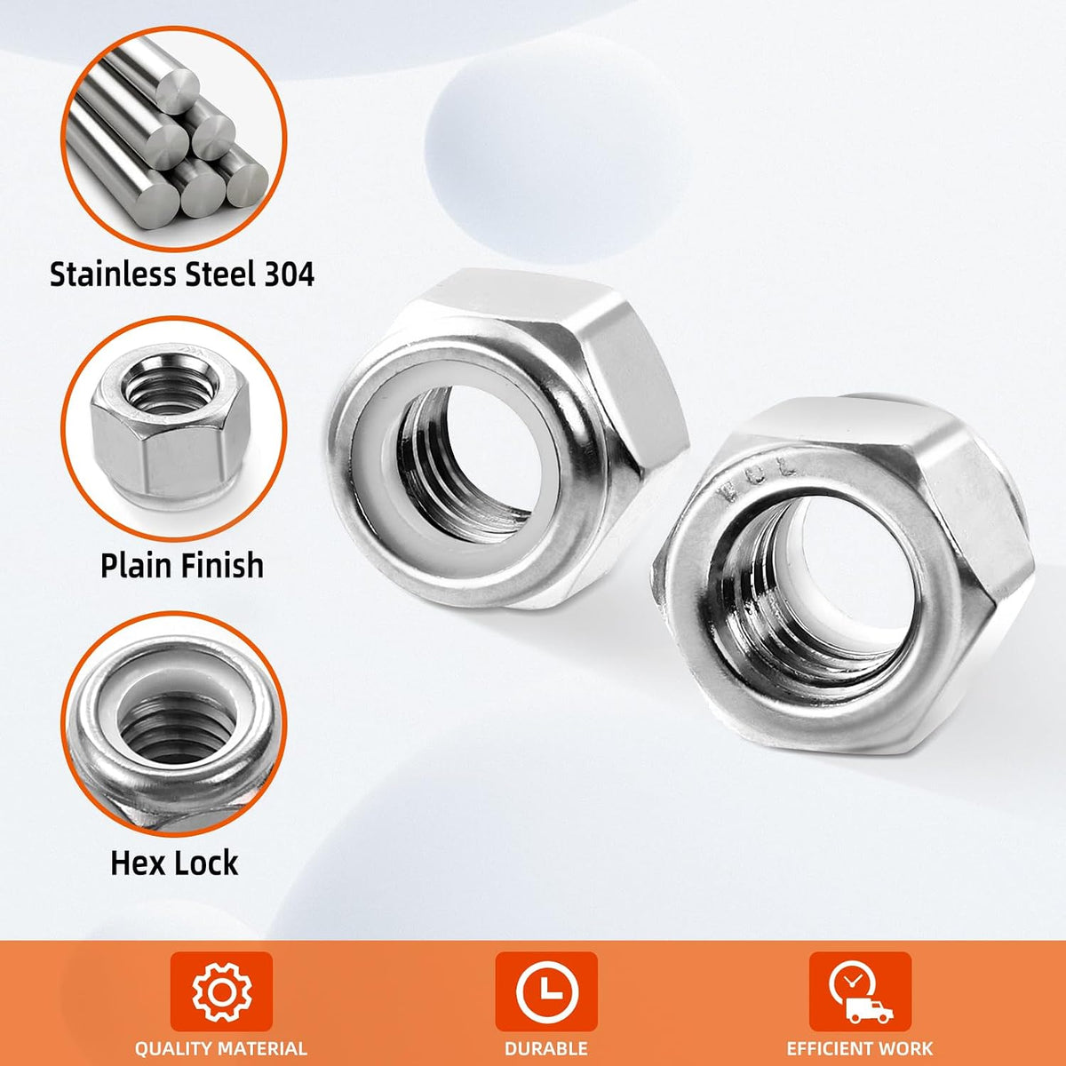 #10 24 Nylon Insert Hex Lock Nuts Locknuts, 304 Stainless Steel 18-8, Bright Finish, 100 PCS