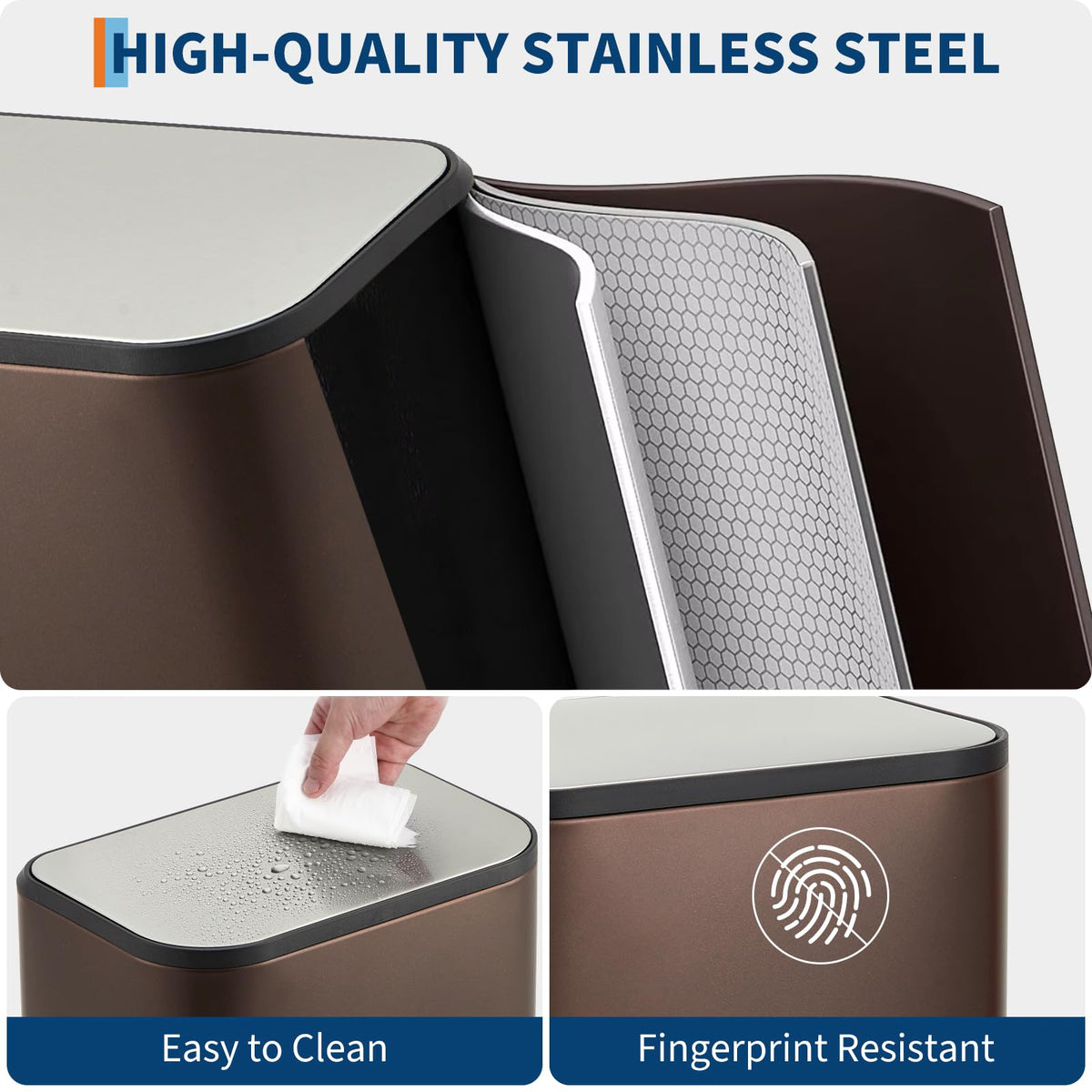 Brown Kitchen Trash Can, 5.3 Gal Stainless Steel Garbage Can