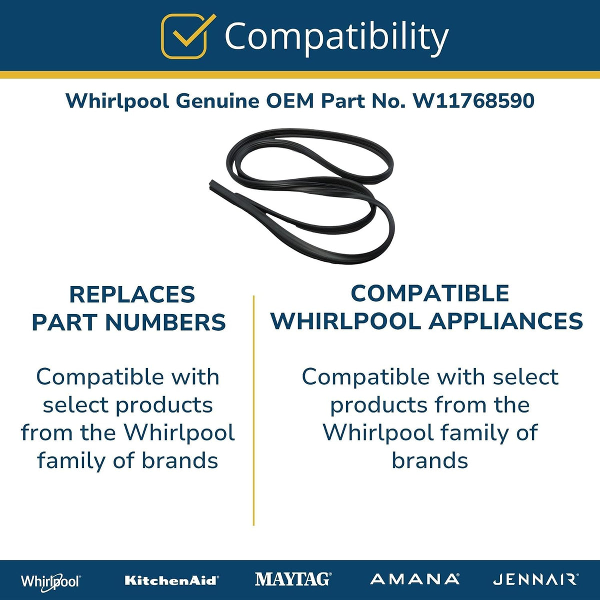 Whirlpool W11768590 Genuine OEM Dishwasher Door Gasket Replacement Part