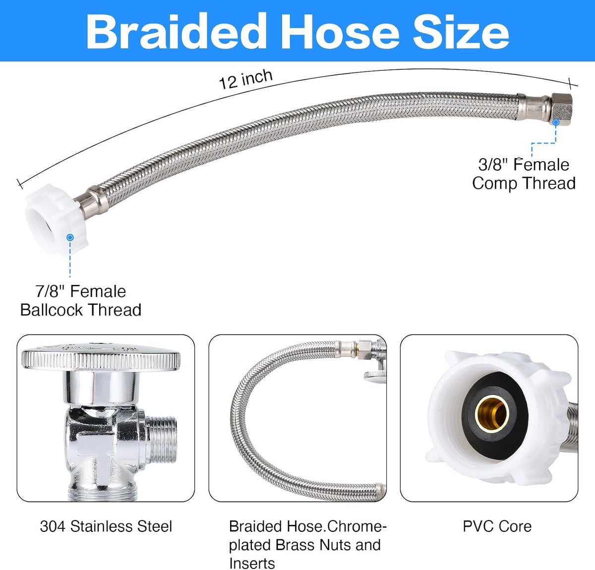 Toilet Hose Water Supply Line Kit - 12" Length 3/8" COMP x 7/8" BC Braided Toilet Connector Hose & Shut Off Toilet