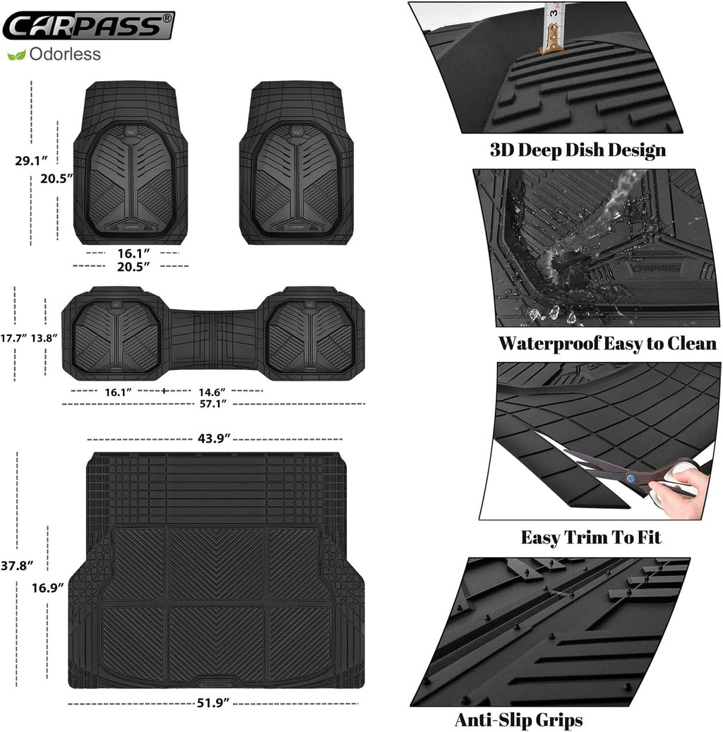 Heavy Duty Rubber Car Mats with Cargo Liner, Deep-Dish Car Floor Mats and Trunk Mat All Weather, Universal