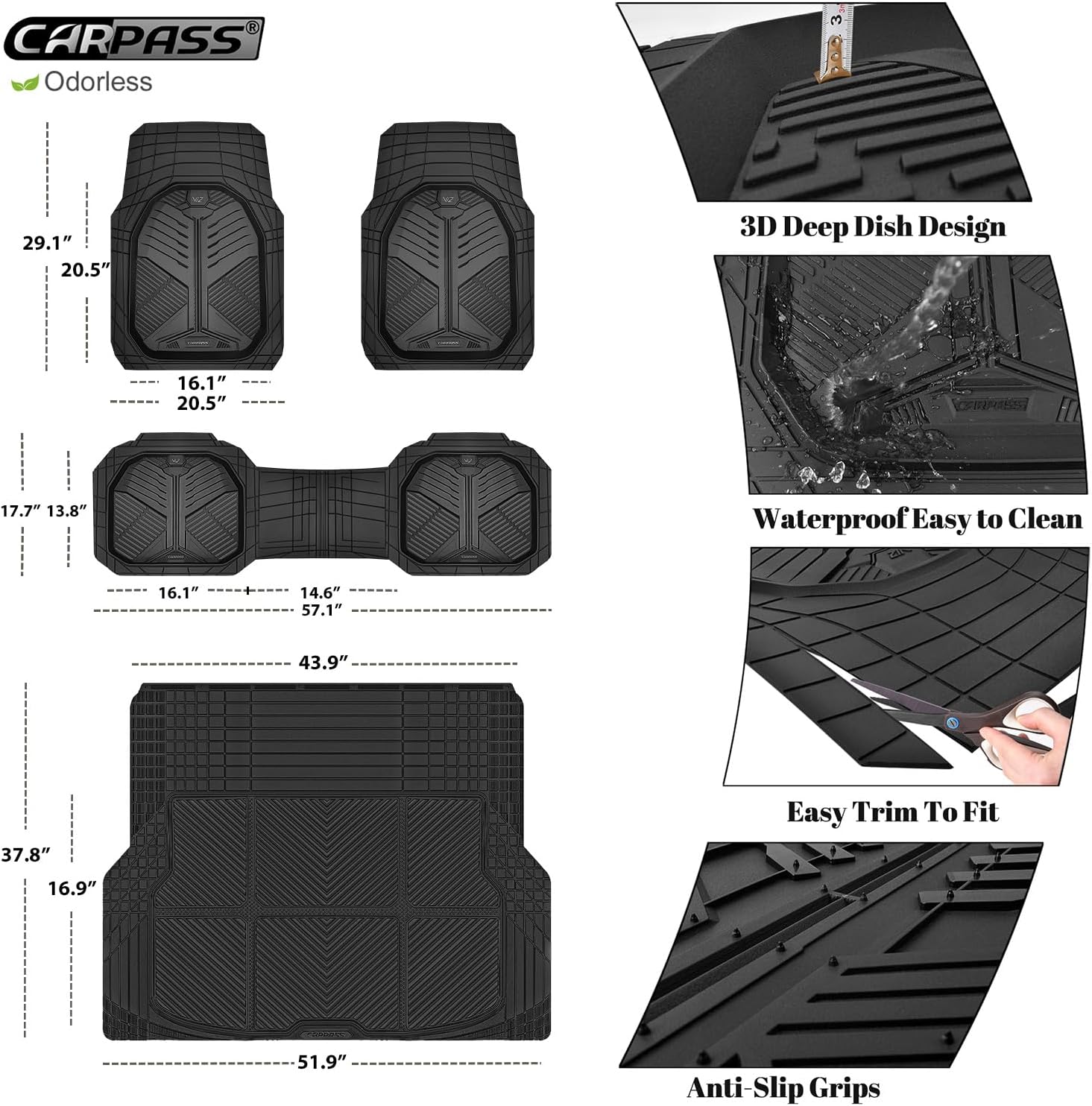 Heavy Duty Rubber Car Mats with Cargo Liner, Deep-Dish Car Floor Mats and Trunk Mat All Weather, Universal