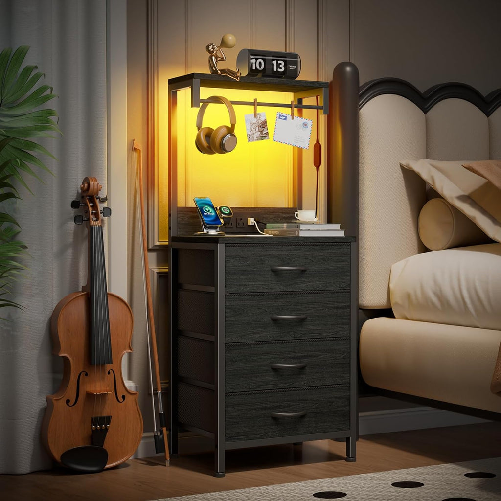 Nightstands Set of 2, 38" Tall Bedside Table with Charging Station | Charging Station & RGB LED Lights, 4 Fabric