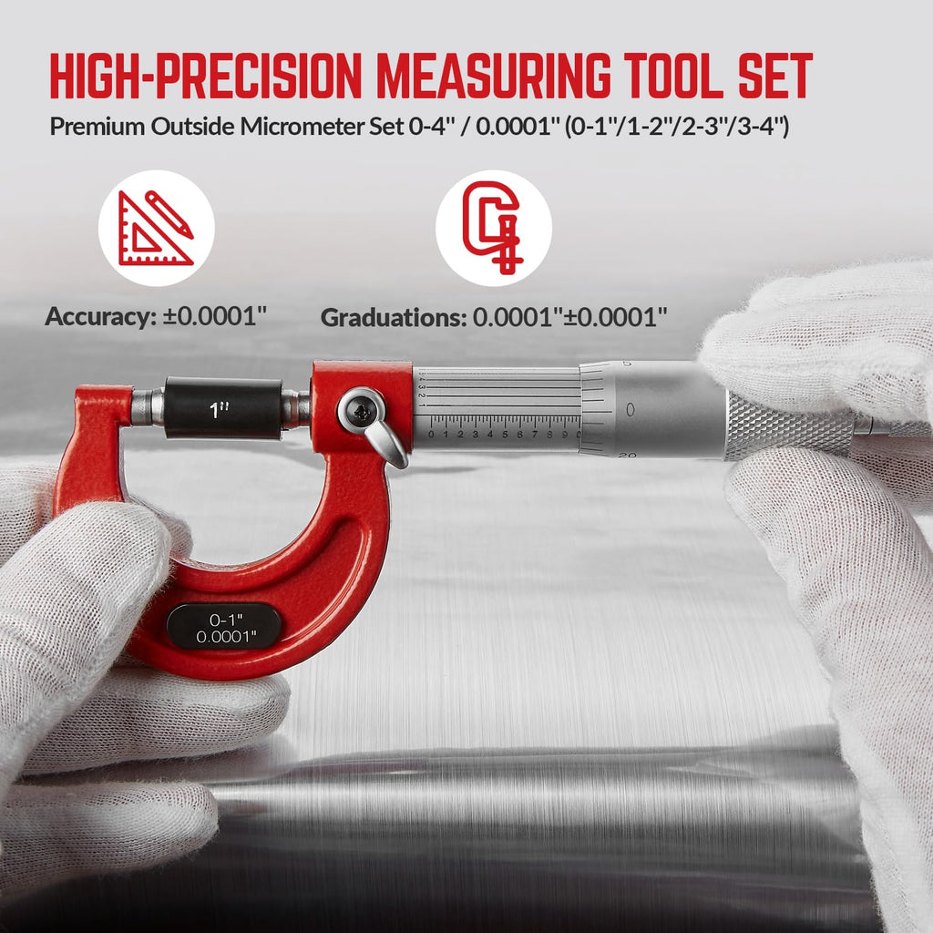 Premium Outside Micrometer Set 0-4" / 0.0001", Red