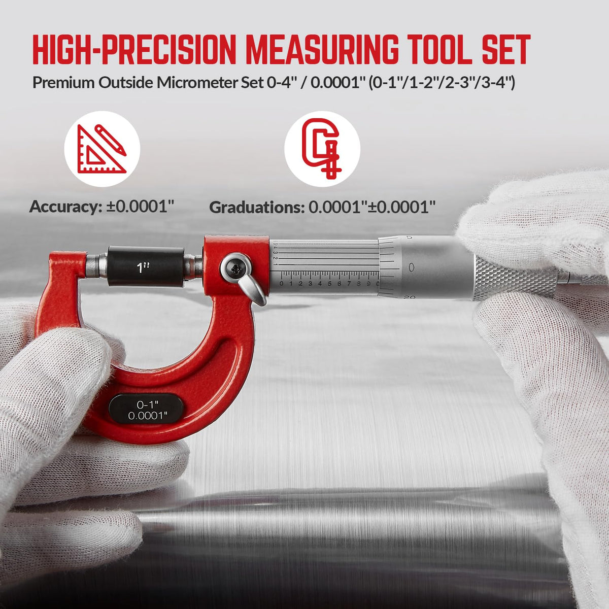 Premium Outside Micrometer Set 0-4" / 0.0001", Red