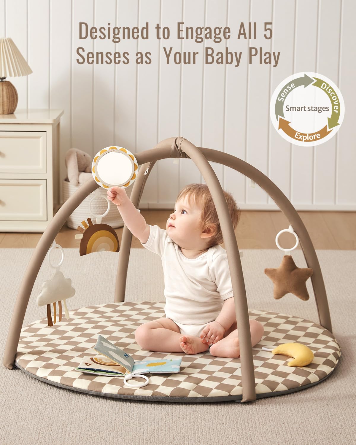 Baby Play Gym Mat, Play Mat Activity Mat with 6 Detachable Toys for Stage-Based Sensory & Motor Skill Development