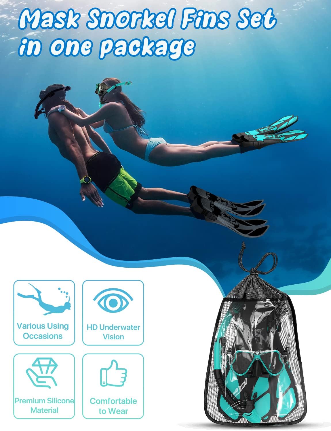 Snorkeling Gear for Adults, Panoramic Mask Anti-Fog & Dry Snorkel | Panoramic anti-fog mask with tempered glass lens