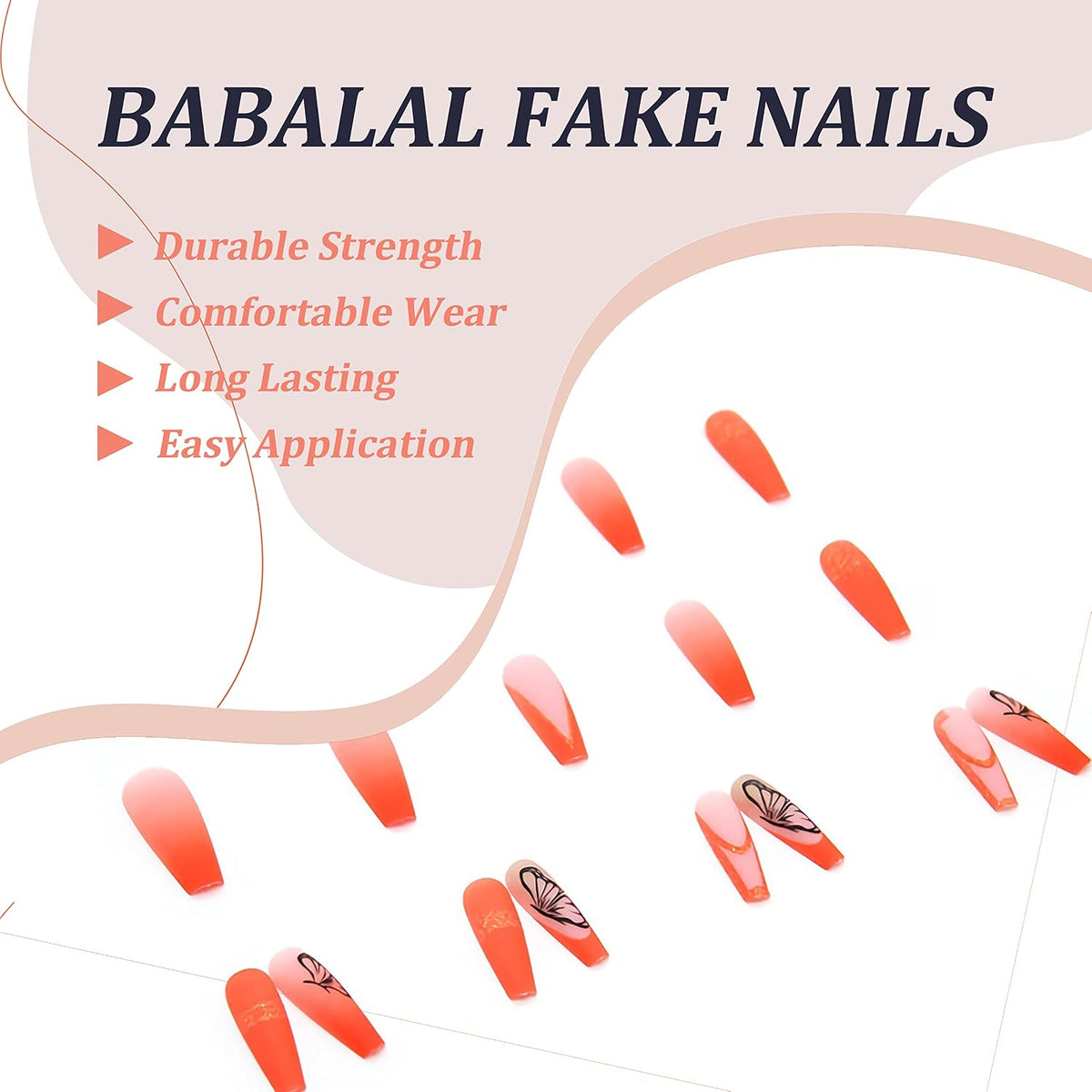 Long Coffin Press on Nails - Orange Fake Nails, Butterfly Summer Design Full Cover, Matte Acrylic Glue on Nails 24Pcs