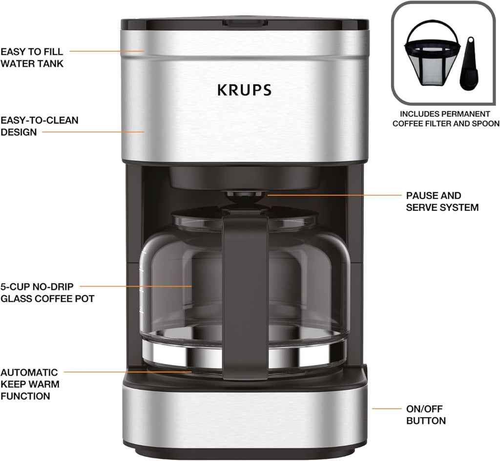 Simply Brew Compact 5 Cup Coffee Maker: Stainless Steel Design, Pause & Brew, Keep Warm, Reusable Filter, Drip-Free