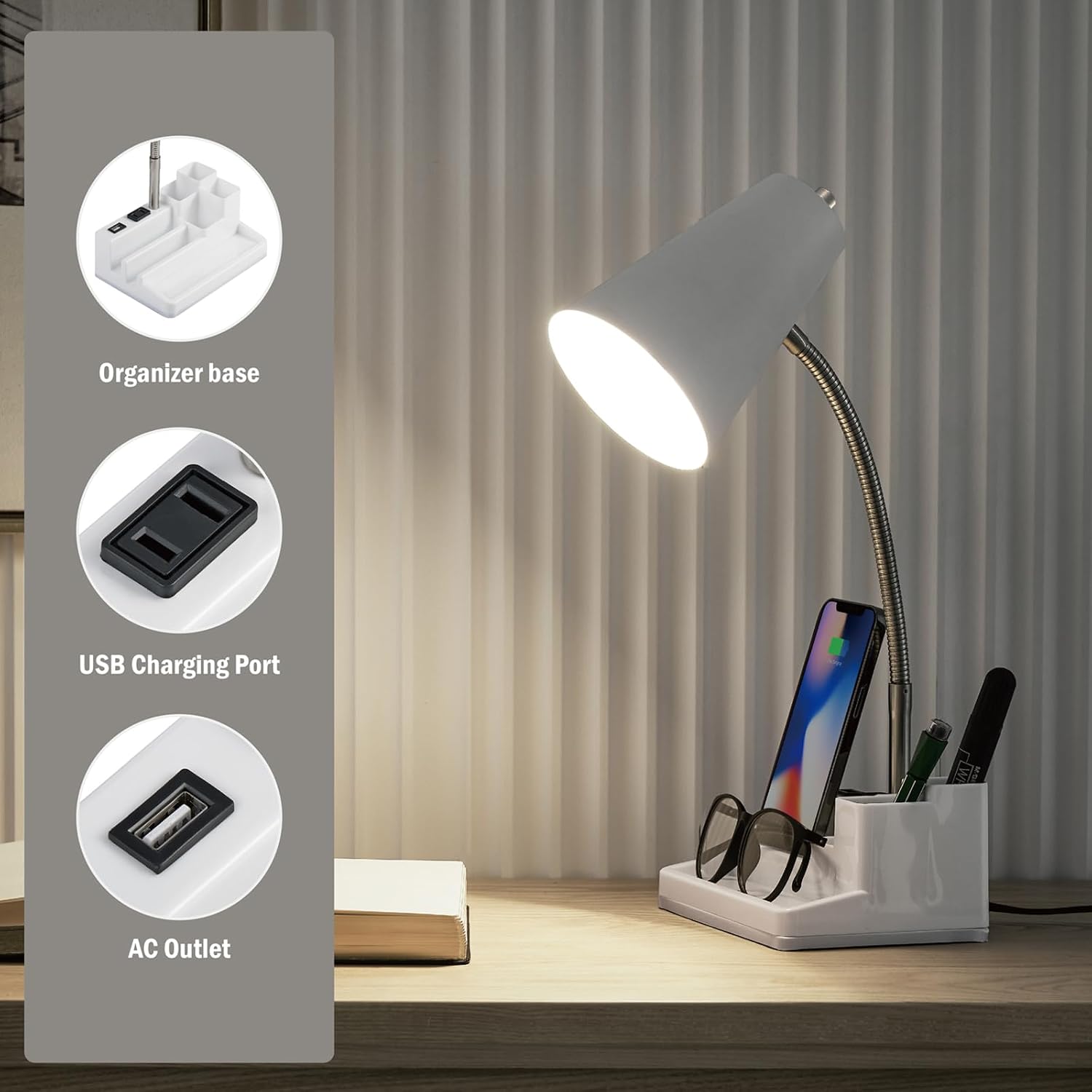 E26 Desk Lamp with 1 USB Charging Port and 1 AC Outlet, Organizer Base, Adjustable Neck, On/Off Switch, Modern Table