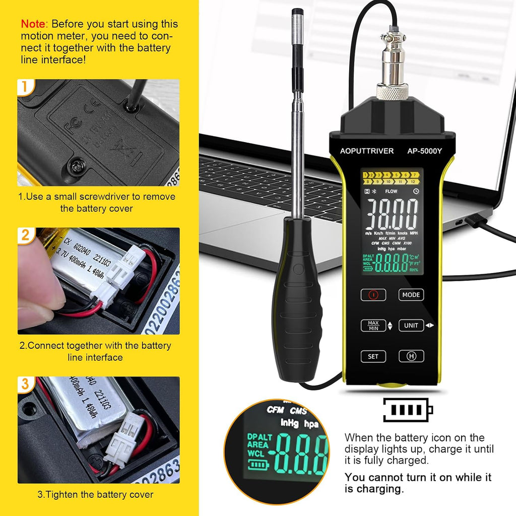 Hot Wire Anemometer HVAC Air Flow Velocity Meter Measuring 0.1-30m/s