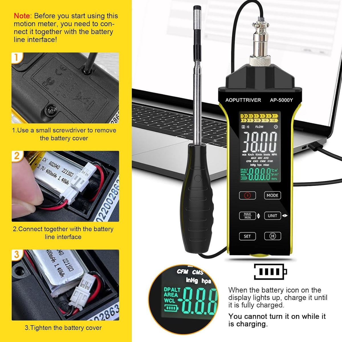 Hot Wire Anemometer HVAC Air Flow Velocity Meter Measuring 0.1-30m/s