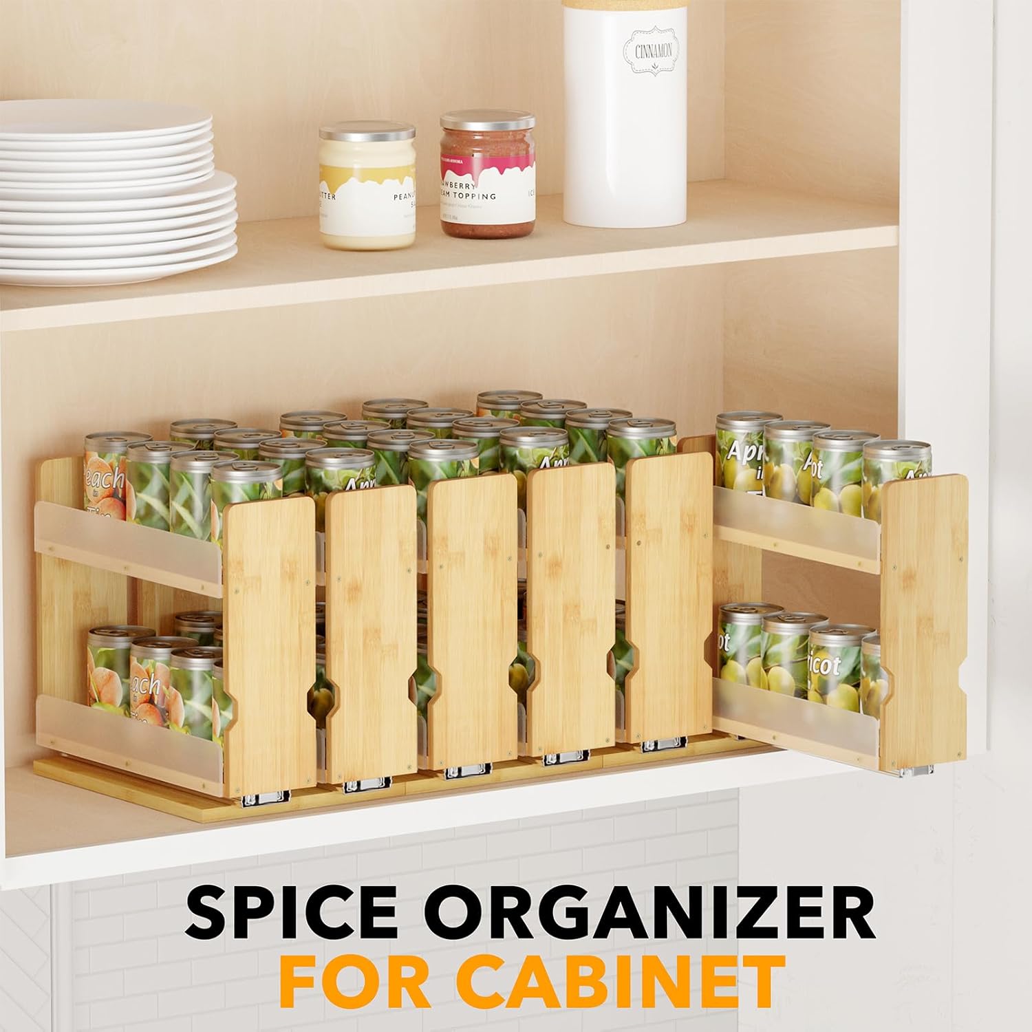 Bamboo Pull Out Spice Rack Organizer for Cabinet, Heavy Duty Slide Out Seasoning Kitchen Pantry Sliding Vertical