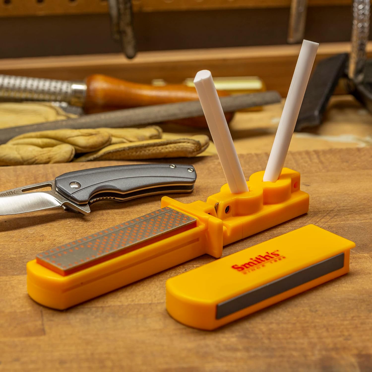 CCD4 3-in-1 Sharpening System – Yellow – Ceramic Rods – Diamond Stone – Protective Lid – Easy Storage – Knife & Tool