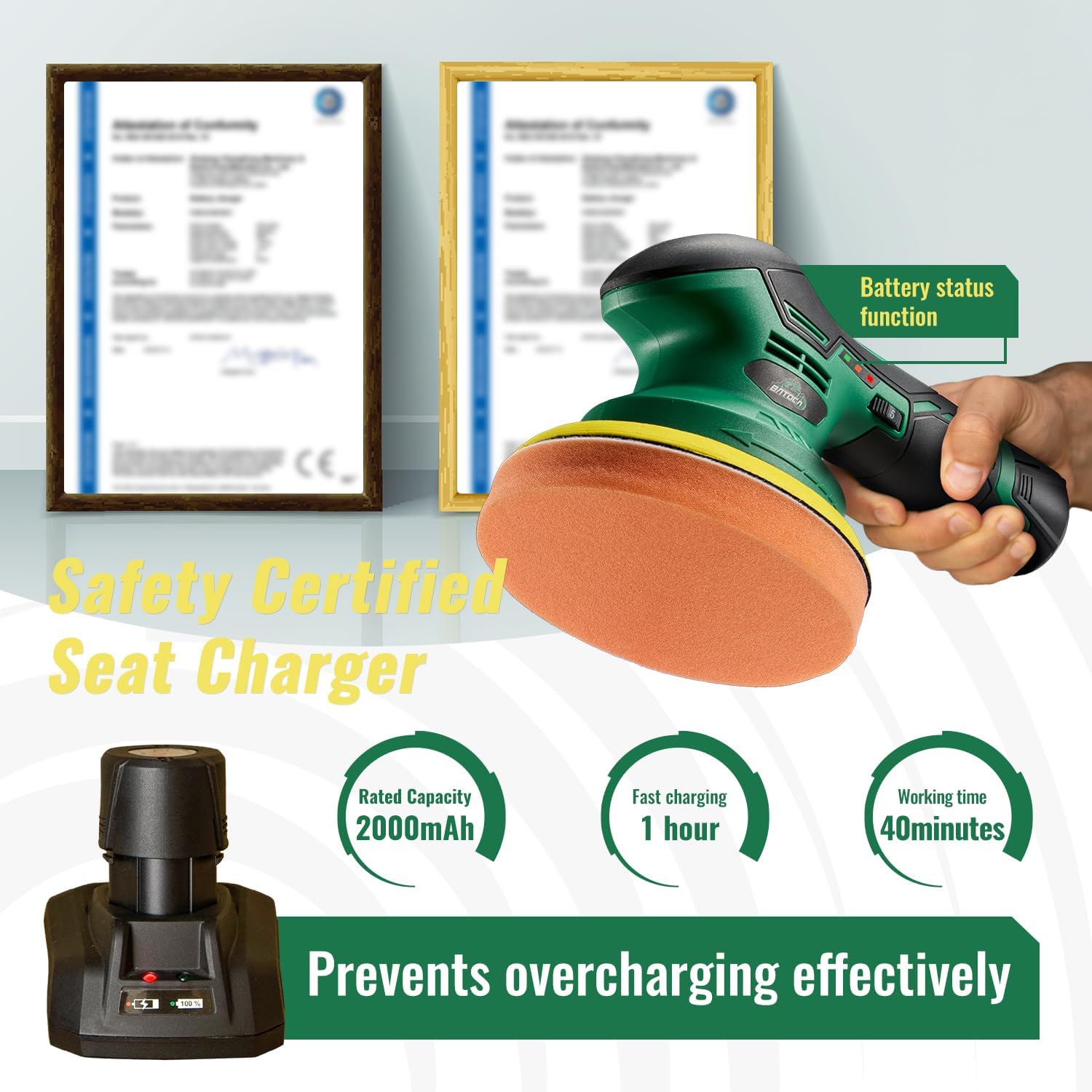 S3 Cordless Car Polisher DA Buffer with 1pc 2.0Ah Battery