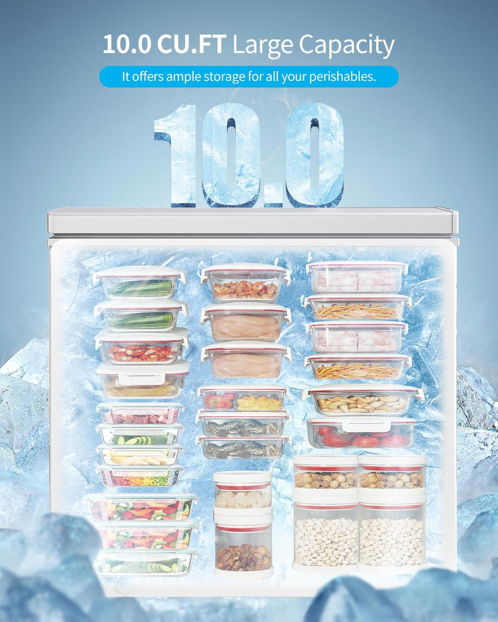 10.0 Cu.Ft Chest Freezer, 7 Level Adjustable Temperature Deep Freezer