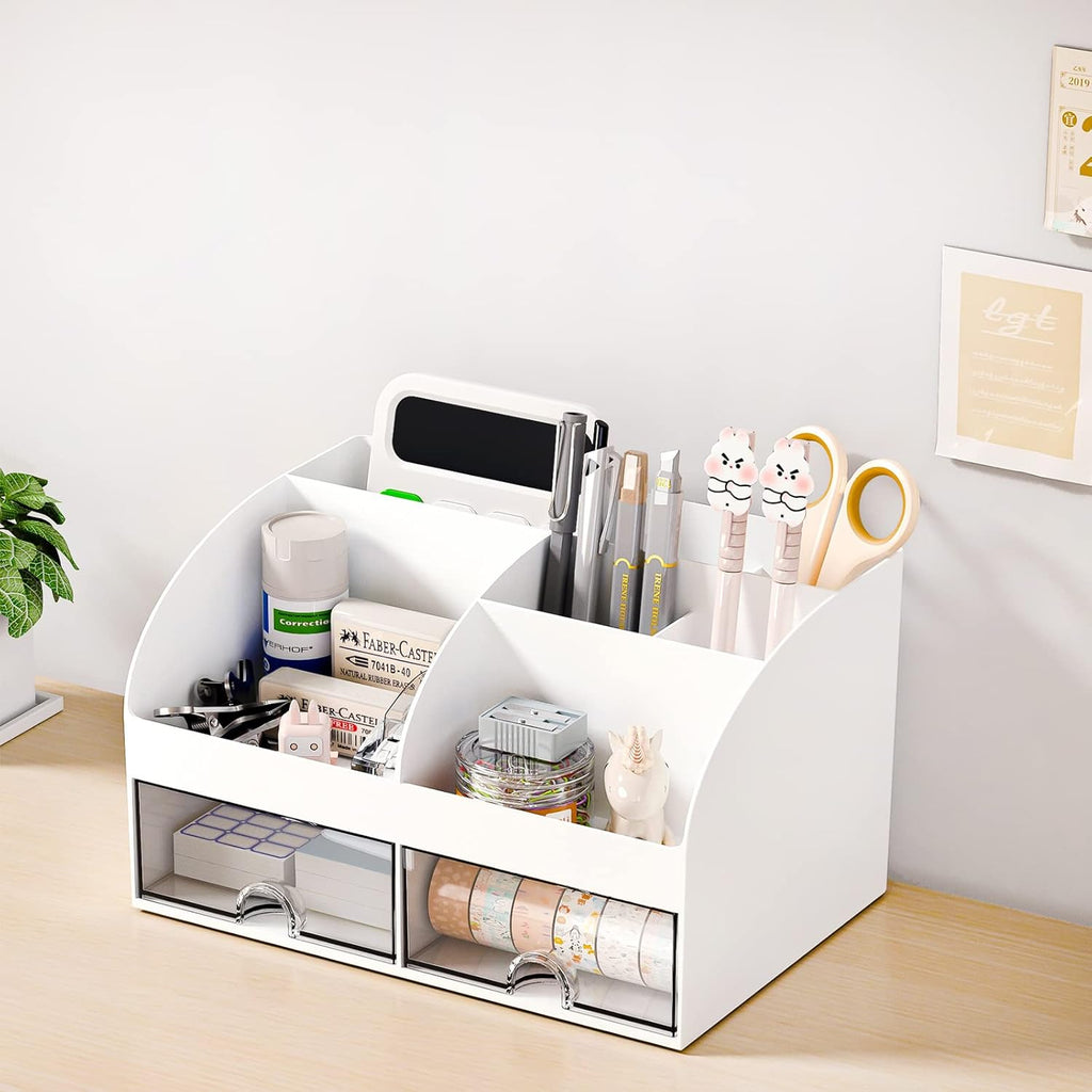 Desk Organizer with 6 Compartments and 2 Drawers, Plastic Makeup Organizer, Pen Holder for Desktop Storage, Desk