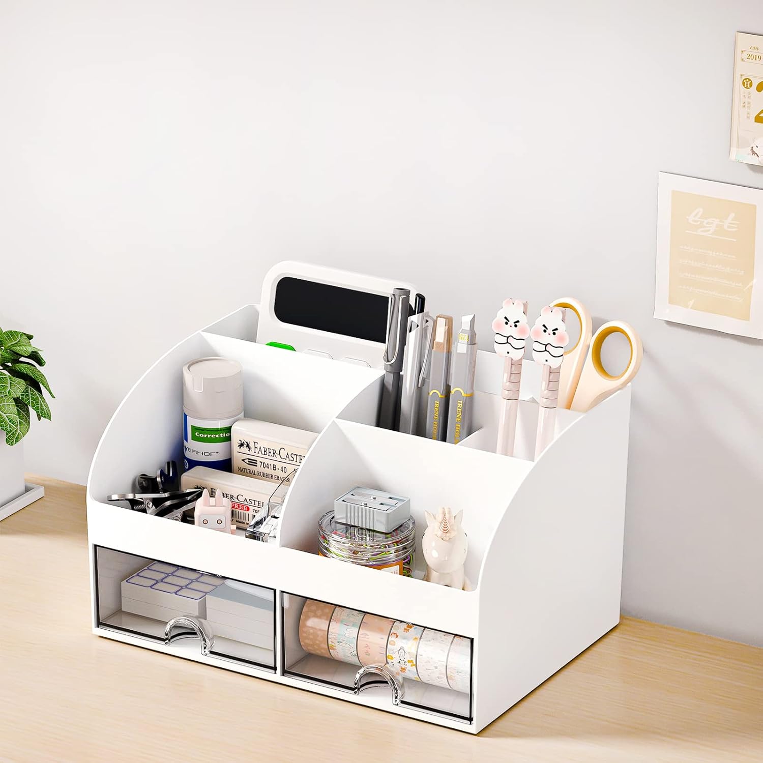 Desk Organizer with 6 Compartments and 2 Drawers, Plastic Makeup Organizer, Pen Holder for Desktop Storage, Desk