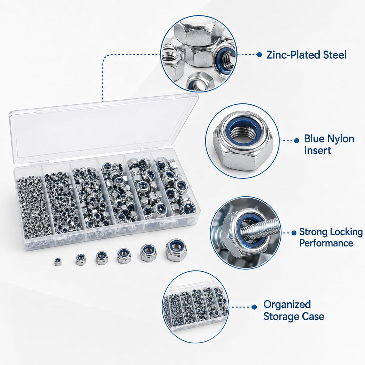 500PCS Metric Nylon Insert Lock Nuts Kit, M3 M4 M5 M6 M8 M10