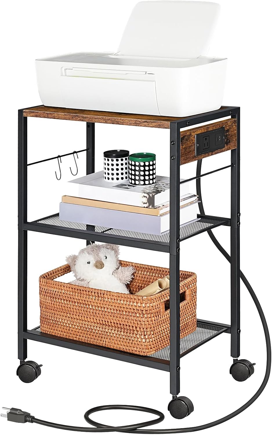 Industrial Printer Stand, 3-Tier Mobile Printer Table, Rolling Cart with Power Outlets and USB Ports, Home Printer
