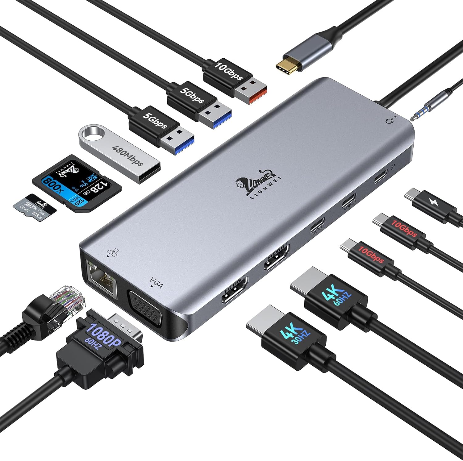USB C Docking Station Dual Monitor for Laptop, LIONWEI 14-in-1 USB-C Hub with Triple Display, 2 HDMI + VGA, Ethernet