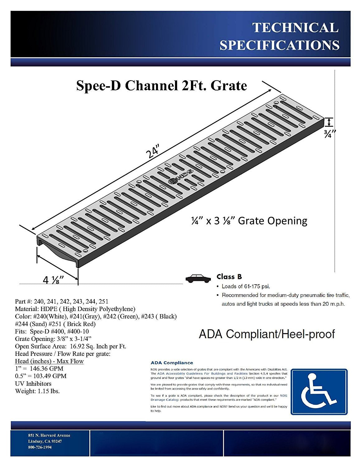 241-1 Spee-D Channel Drain Grate, Plastic, 4-1/8-Inch wide X 2-Feet long