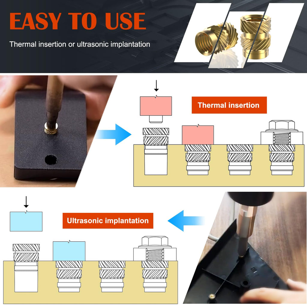 400Pcs Metric Heat Set Insert, M2 M2.5 M3 M4 M5 M6 Female Thread Knurled Nuts Assortment Kit, Brass Threaded Inserts for Plastic and 3D Printing Components (Threaded Inserts Ket)