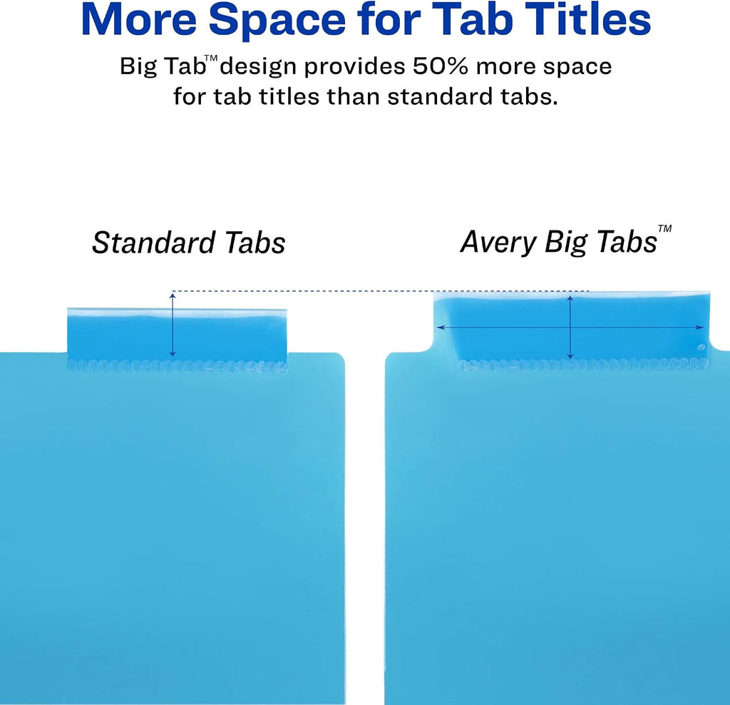 Big Tab Insertable Plastic 2 Pocket Dividers for 3 Ring Binders, 8 Tab Set, Two-Tone Multicolor, Works with Sheet